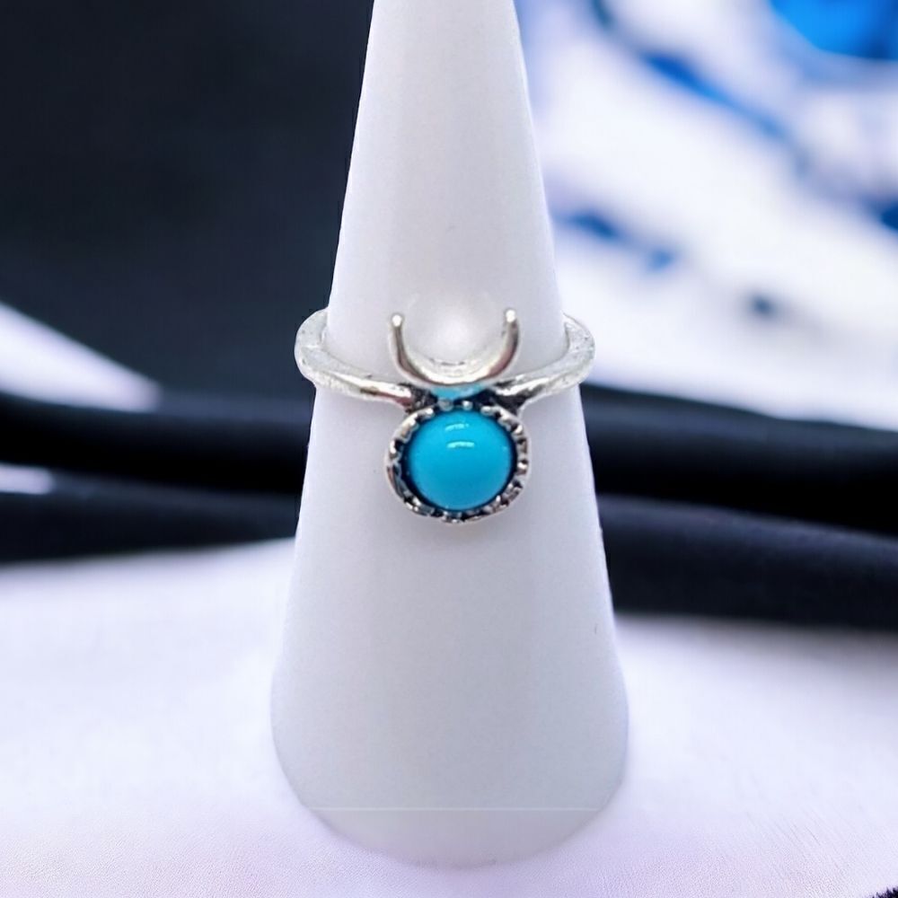 Bohemian Crescent Turquoise Bead Silver Ring Boho Western American Jewelry Pinky